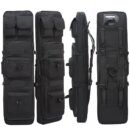 Black soft long gun case with external zippered pockets shown in front view for tactical rifle transport
