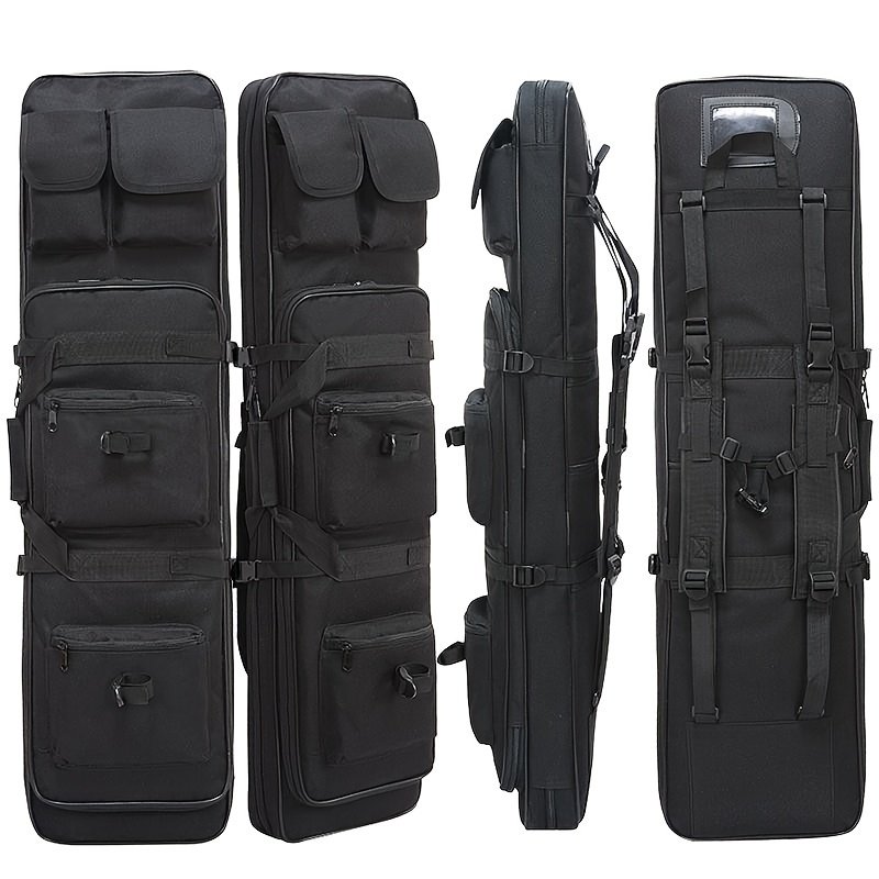 Black soft long gun case with external zippered pockets shown in front view for tactical rifle transport