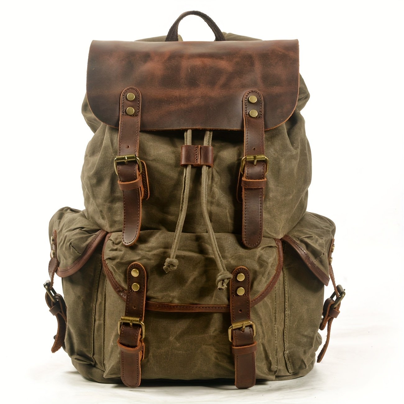 Front view of vintage waxed canvas hunting hydration backpack with leather flap and brass buckles