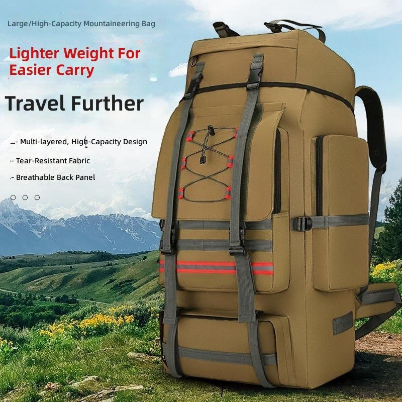 Extra-large khaki hunting backpack with vertical compression straps standing in a mountain valley