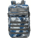 Blue digital camo waterproof hunting backpack with gray MOLLE webbing and dual front pockets
