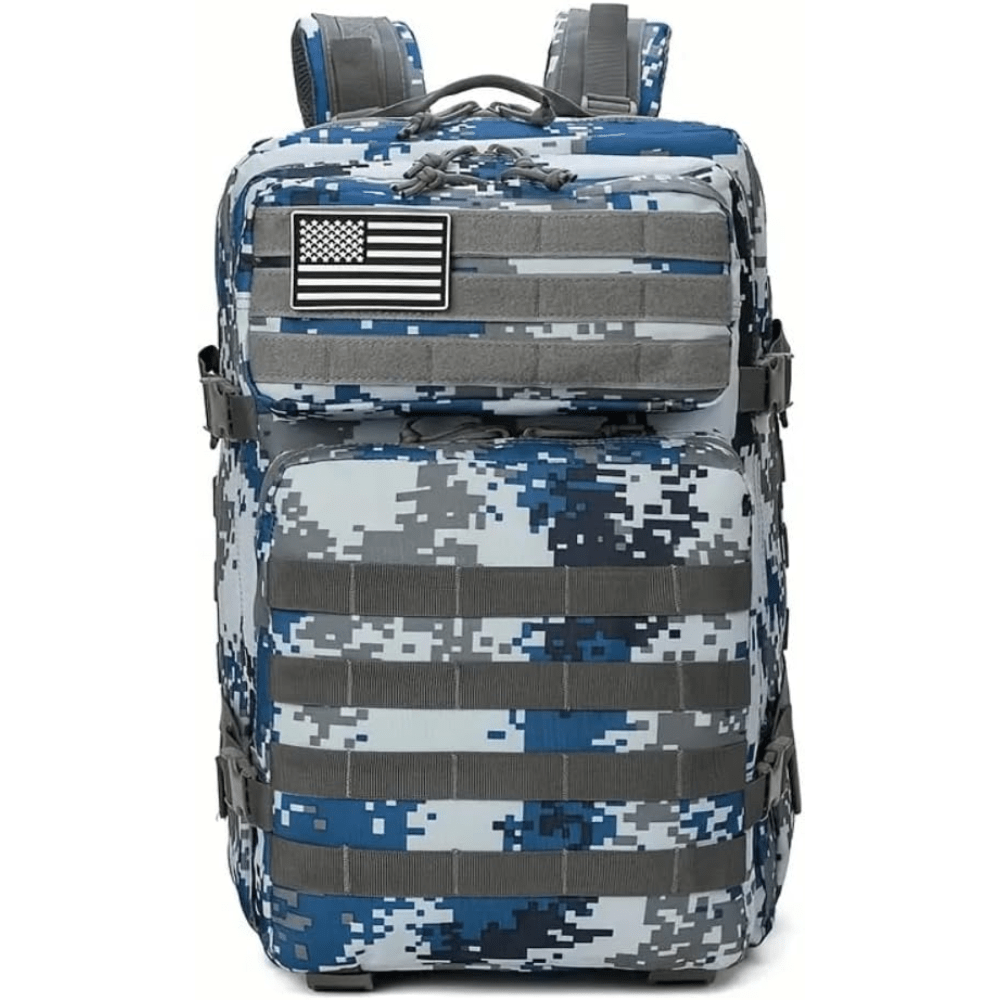 Blue digital camo waterproof hunting backpack with gray MOLLE webbing and dual front pockets