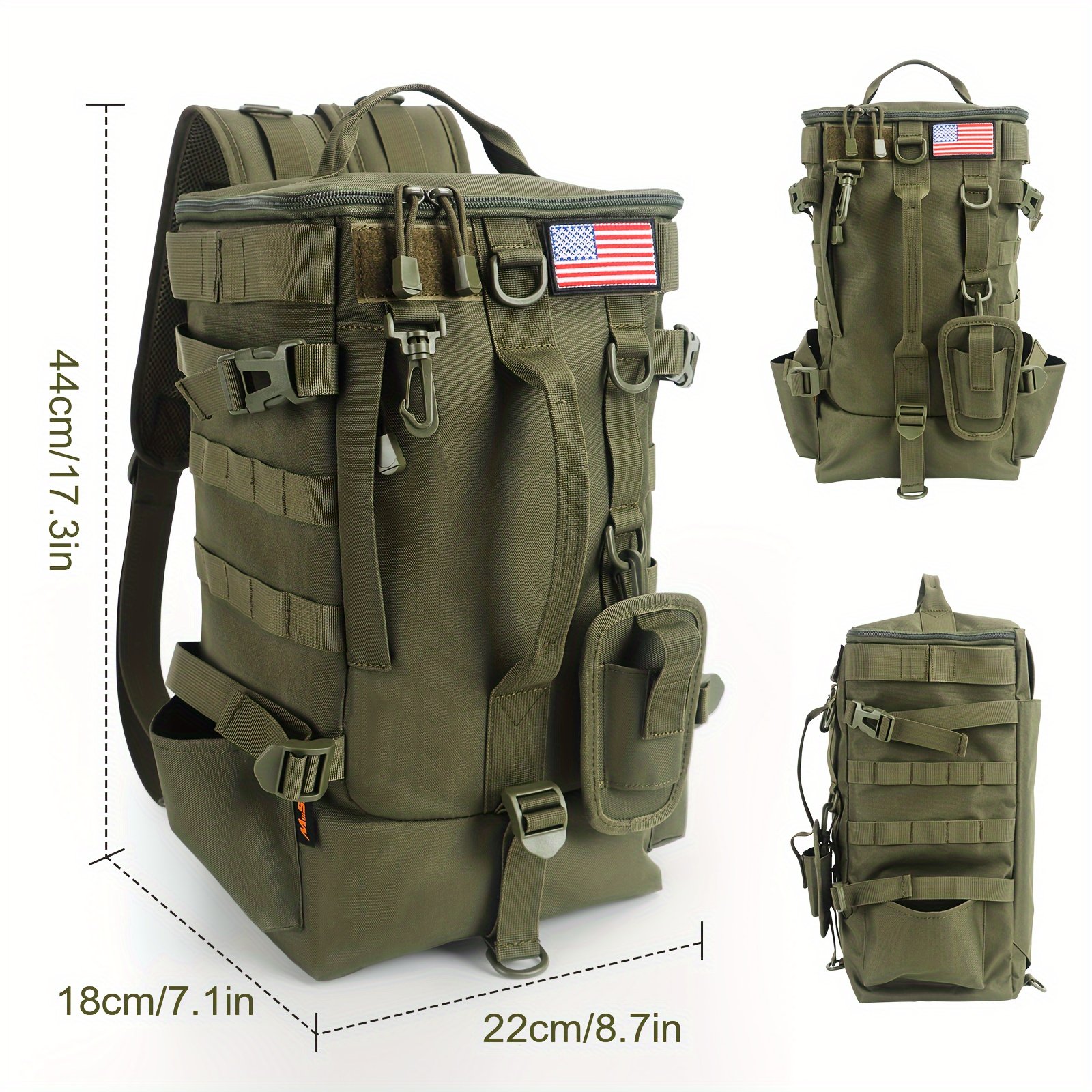 Side view of digital urban camo backpack holding long hunting gear in external sleeve