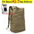 Side view of an olive canvas waterproof hunting backpack showing cylindrical duffel shape and side grab handle