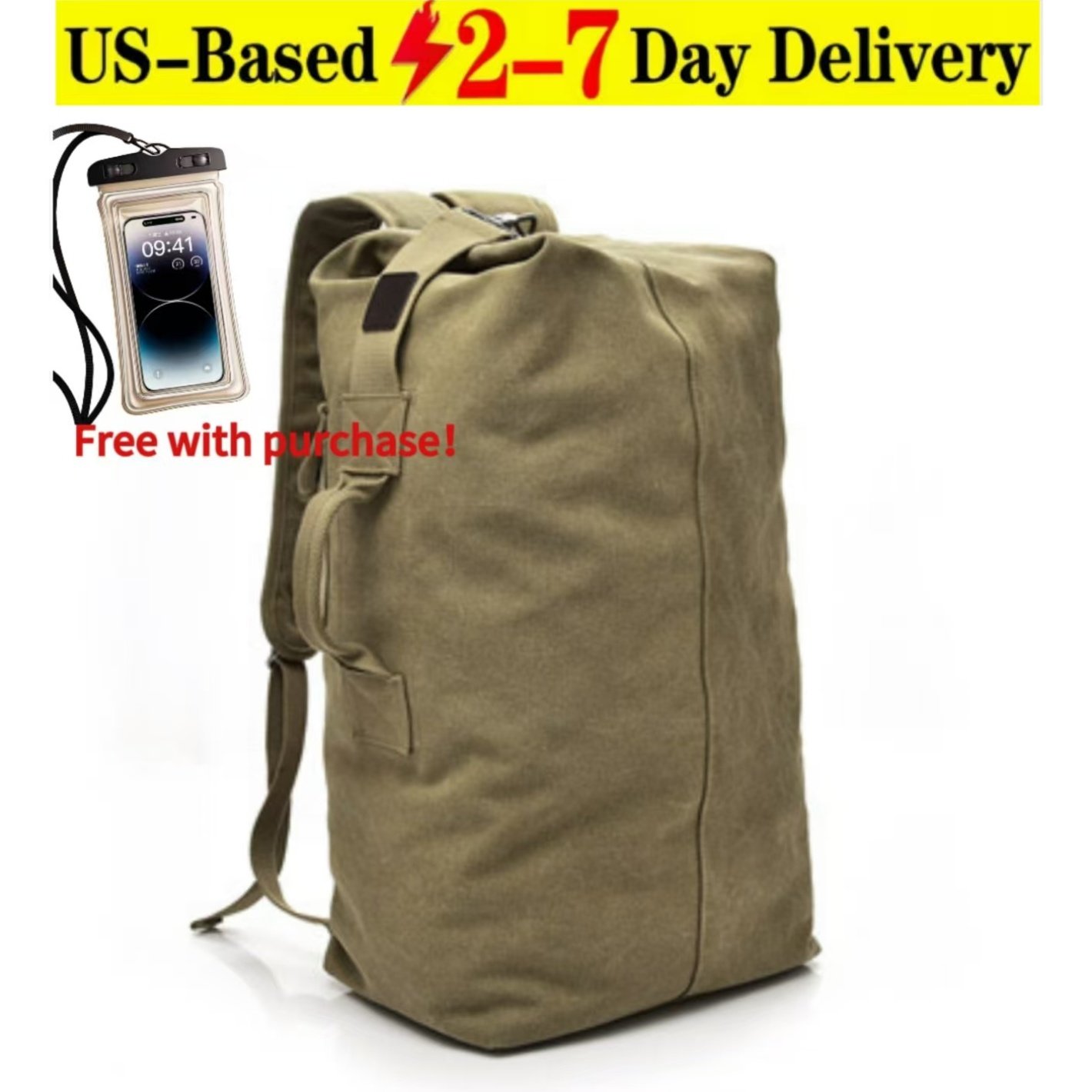 Side view of an olive canvas waterproof hunting backpack showing cylindrical duffel shape and side grab handle