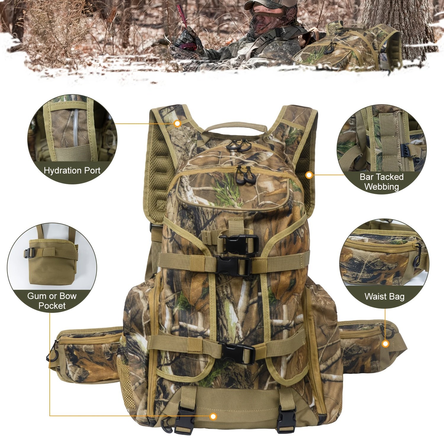 Side view of a woodland camo hydration hunting backpack showing dual compression straps and zippered hip belt pockets