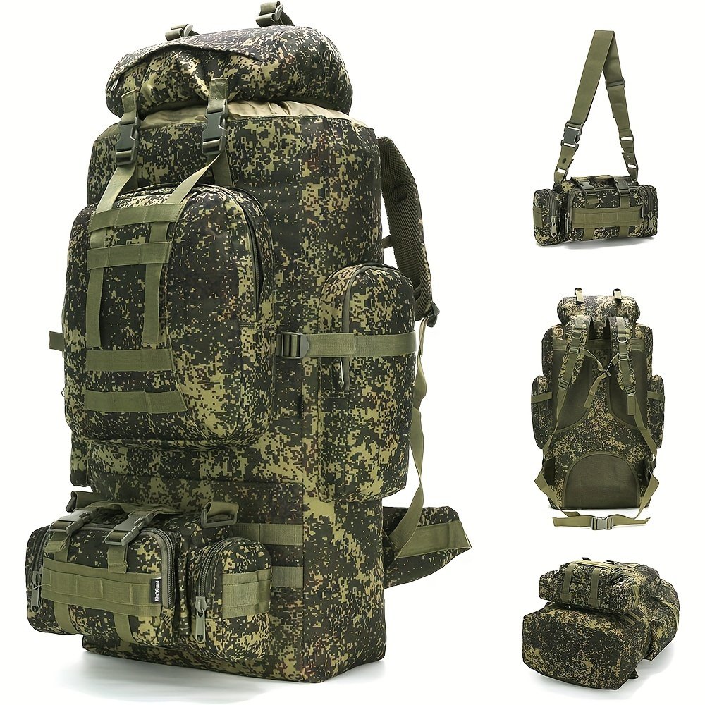 Digital woodland camo hunting backpack fully assembled with MOLLE pouches and compression straps