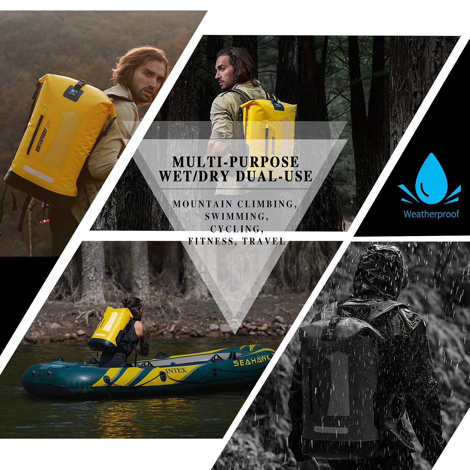 Roll-top waterproof backpack hunting design with reinforced black base and translucent reflective strip