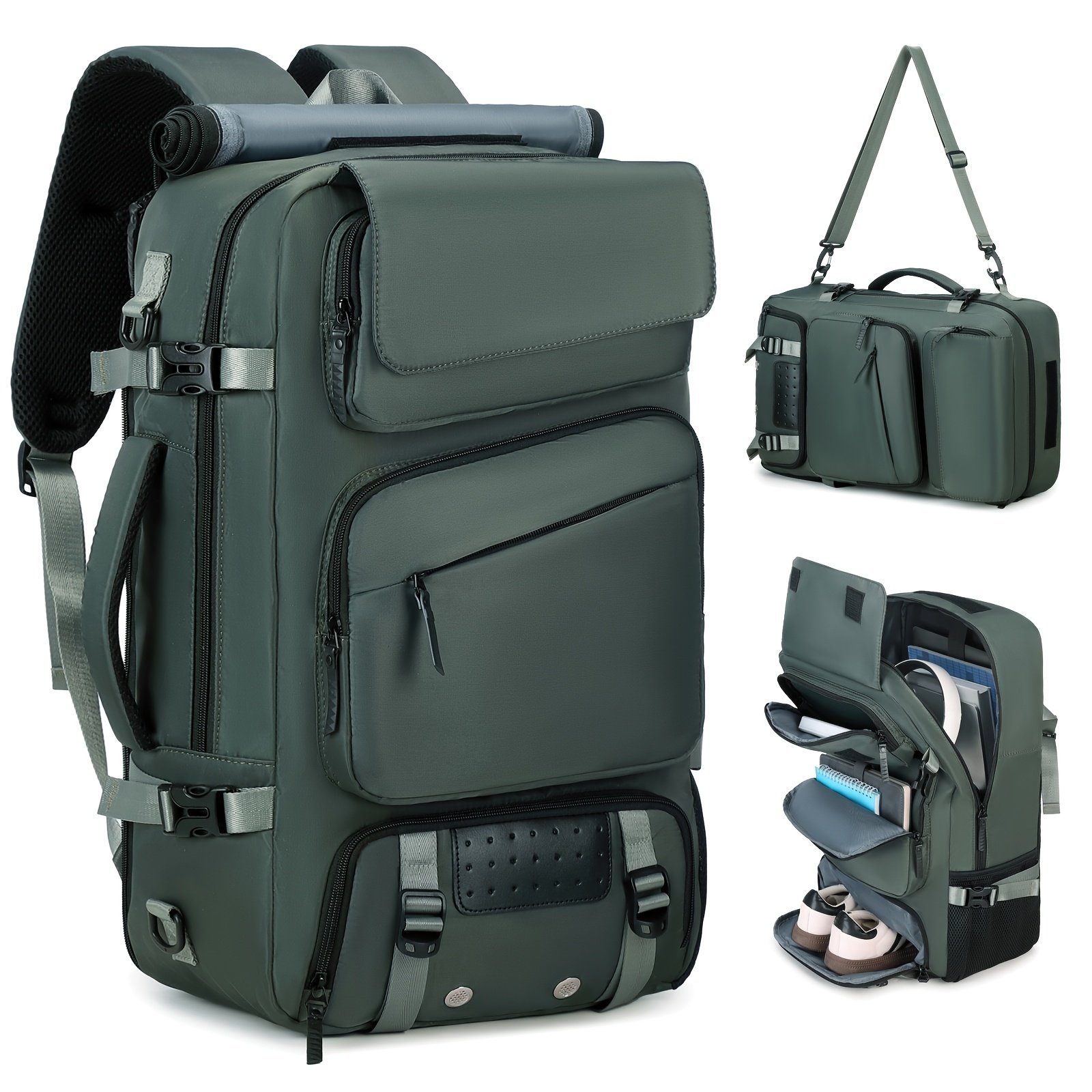 Forest green hunting chair backpack shown as a backpack with padded shoulder straps and sternum buckle