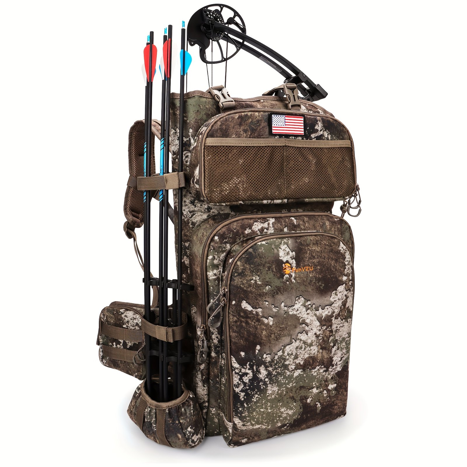 Close-up of compression straps and utility webbing on a camouflage bow hunting daypack