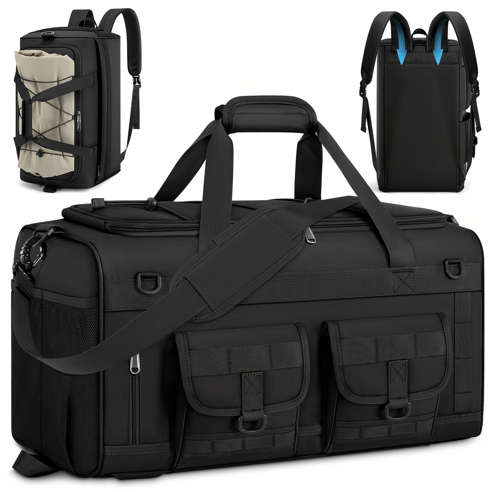 Side angle of hunter backpack with tall boots stowed in vertical bungee pocket