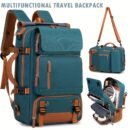 Front view of peacock blue convertible turkey hunting backpack with stacked zip pockets and leather trim