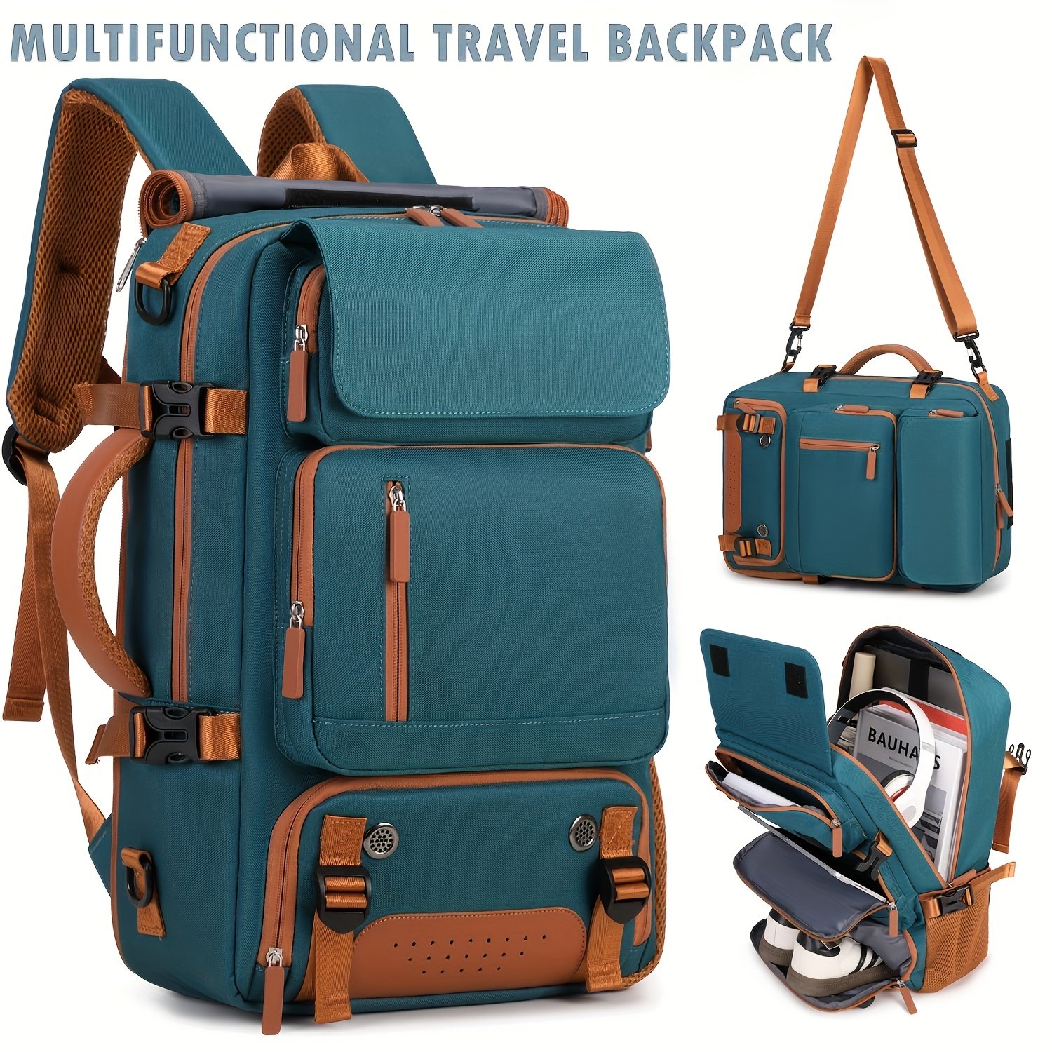 Front view of peacock blue convertible turkey hunting backpack with stacked zip pockets and leather trim
