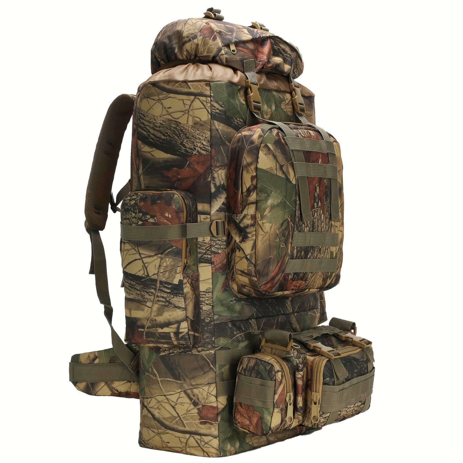 Front angle of large hunting backpacks with MOLLE webbing, tall zippered pocket, and horizontal compression straps