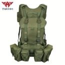 Saddle hunting backpack with integrated vest harness and olive drab finish displayed front-facing