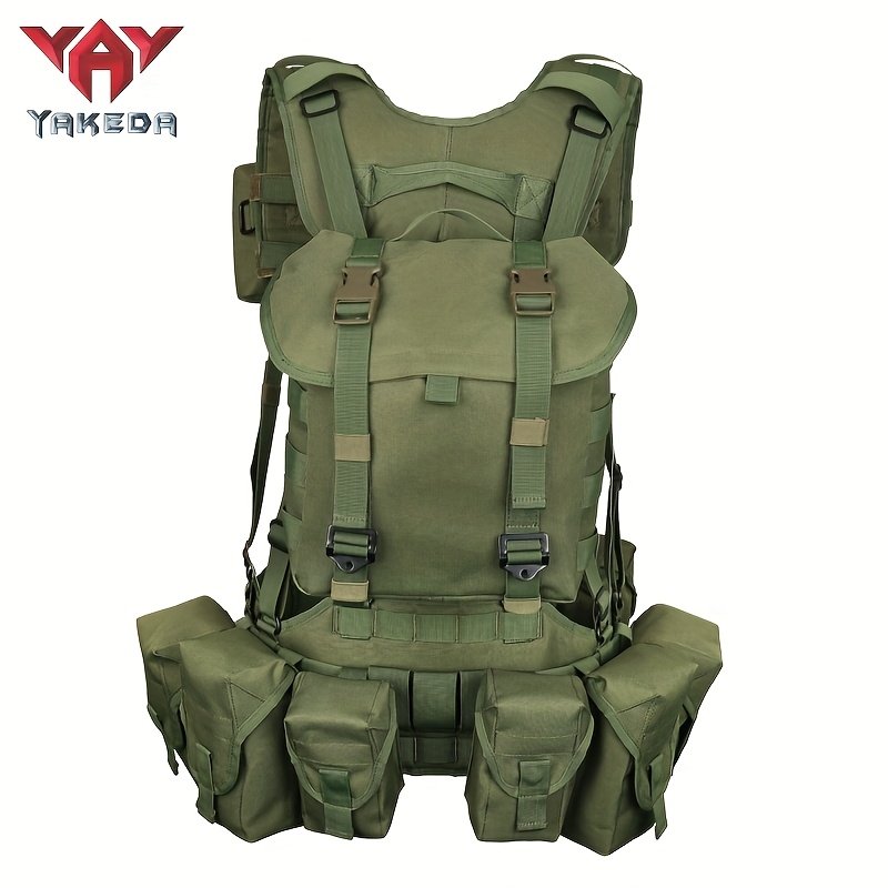 Saddle hunting backpack with integrated vest harness and olive drab finish displayed front-facing