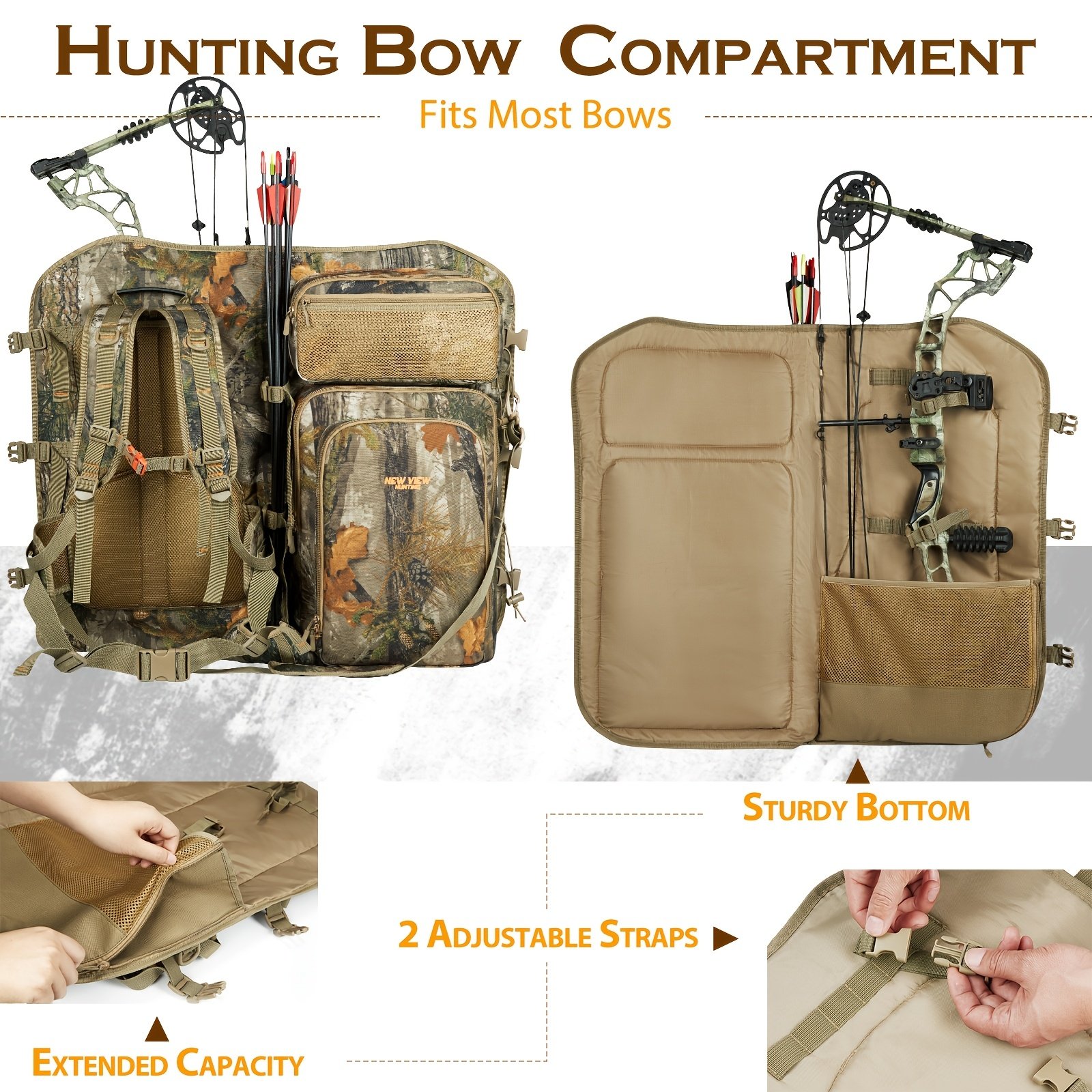 Hunting compound bow backpack in woodland camo with soft shell exterior viewed from the front