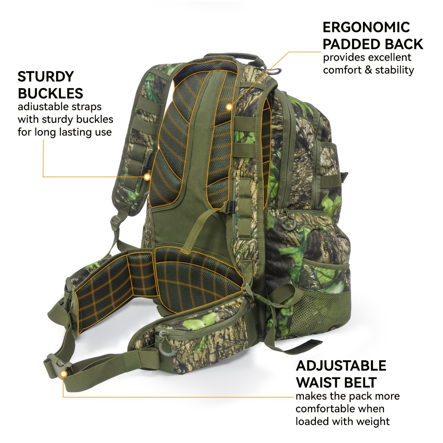 Rear view of a hunting saddle backpack displaying padded mesh shoulder straps and top-rear hydration tube port