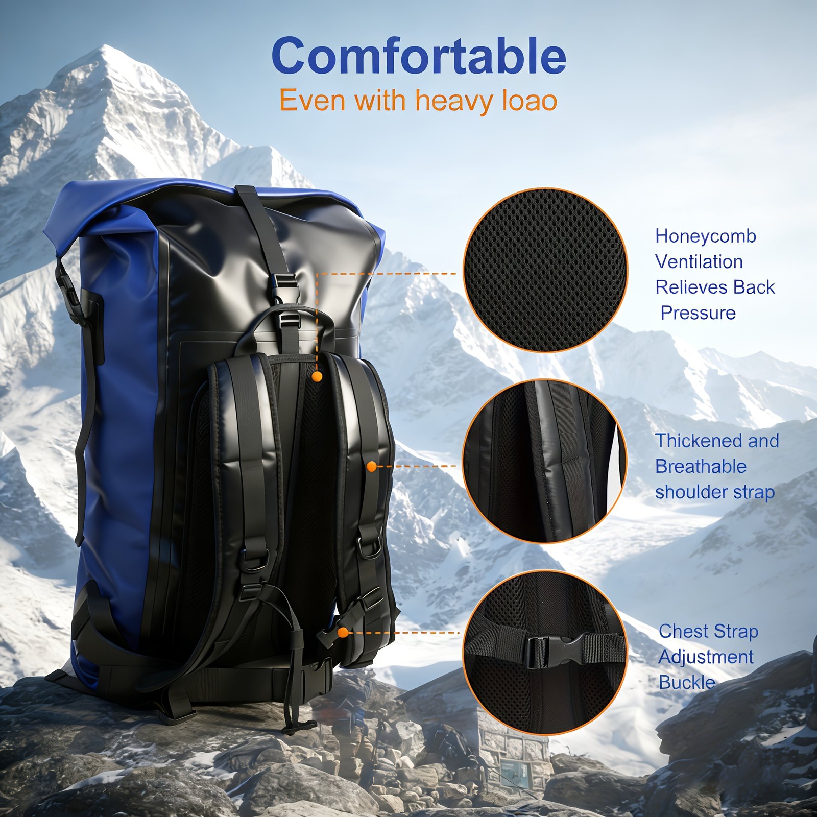 Padded shoulder straps and adjustable sternum strap on a hunter waterproof backpack