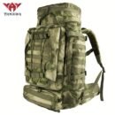 Front view of green-dominant camo waterfowl hunting backpack showing MOLLE webbing and front zippered pocket