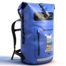 Blue waterproof hunting backpack with roll-top closure and clear phone window on white background