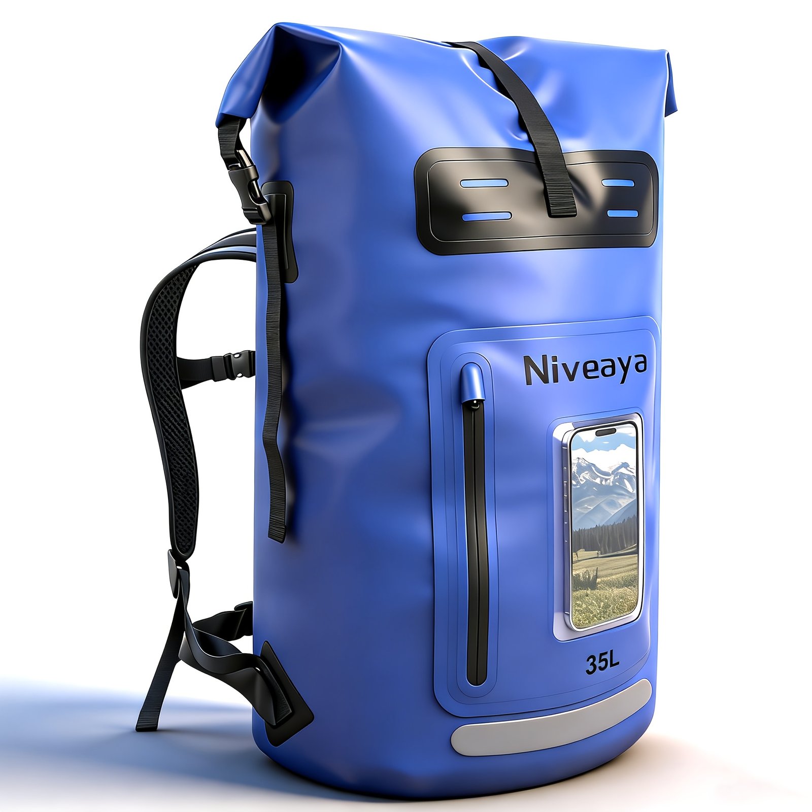 Blue waterproof hunting backpack with roll-top closure and clear phone window on white background