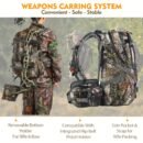 Saddle hunting backpack with external compound bow carry straps in woodland camo