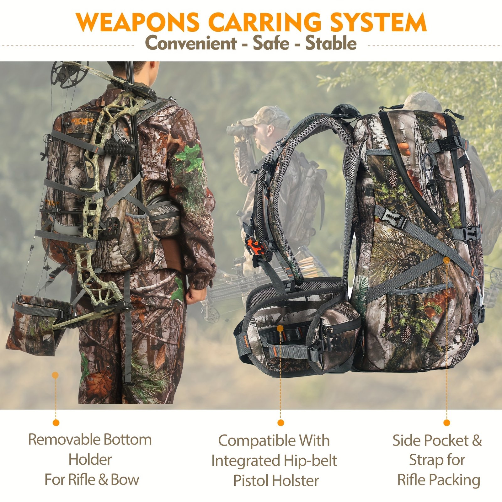 Saddle hunting backpack with external compound bow carry straps in woodland camo