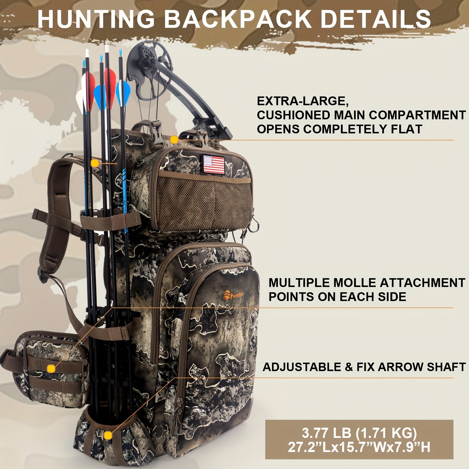 Loaded configuration with arrows secured in the side quiver of a daypack for bow hunters