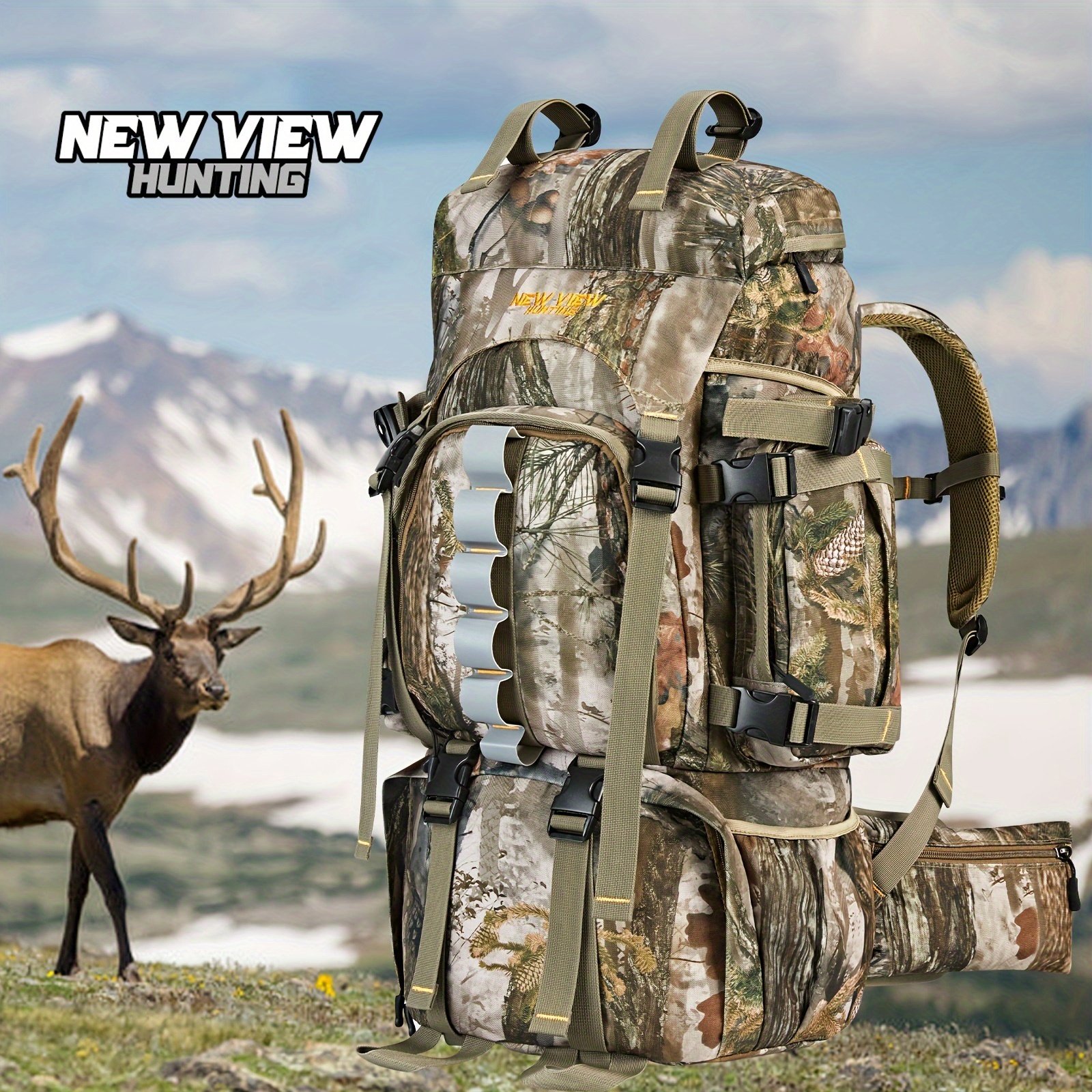 Realtree EDGE hunting backpack with vertical arrow quiver slots shown in alpine meadow setting