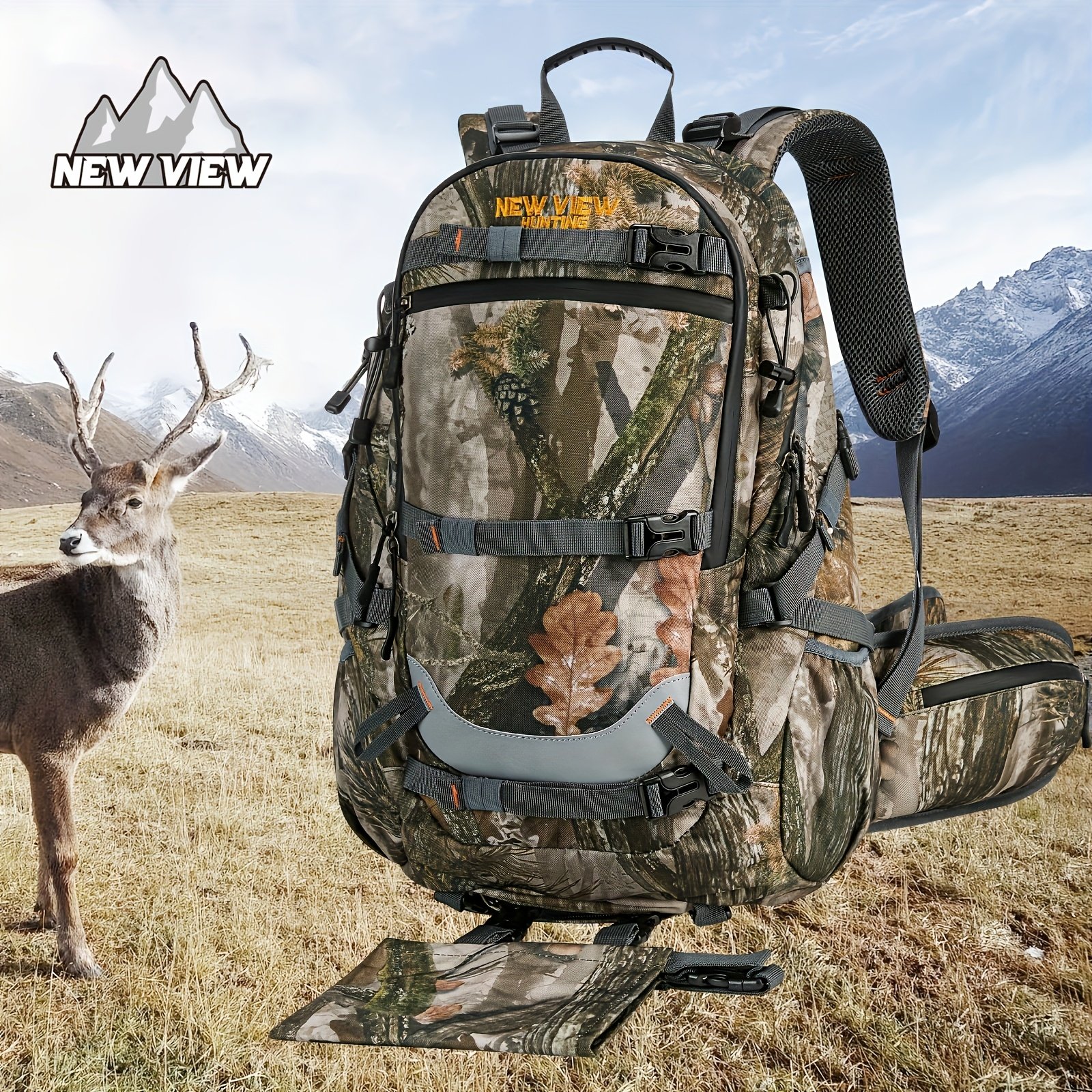 Framed leaf-camo saddle hunting backpack with integrated fold-down tree-stand seat displayed in a mountain meadow setting