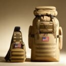 Desert tan hunting backpacks with roll-top rucksack and MOLLE sling pack displayed side by side