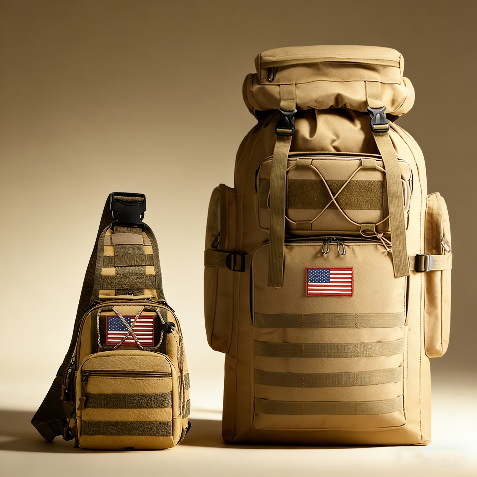 Desert tan hunting backpacks with roll-top rucksack and MOLLE sling pack displayed side by side