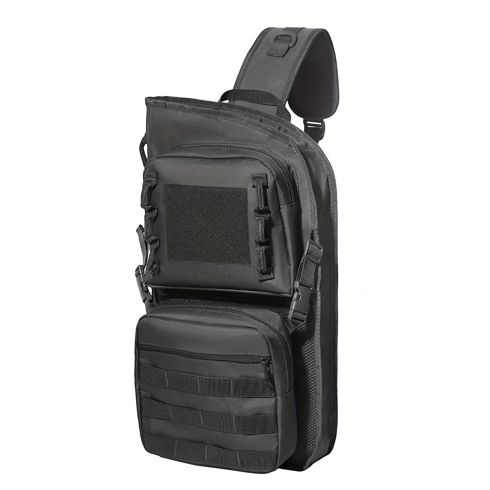 Convertible archery hunting backpack laid flat displaying MOLLE webbing zippered pockets and hook-and-loop panel