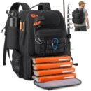 Black saddle hunting backpack with MOLLE webbing and tackle trays shown from front