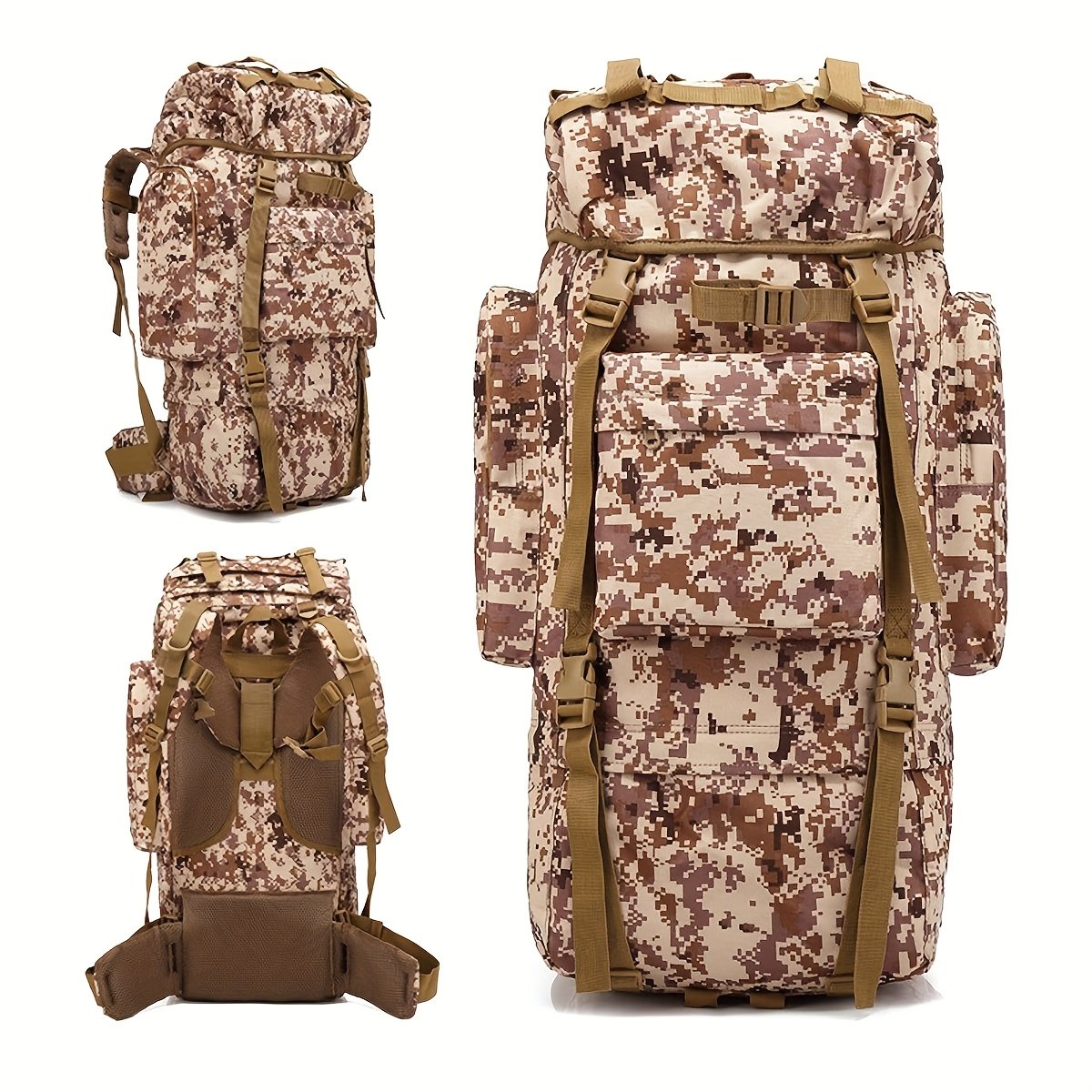 Desert digital hunting backpack with pixelated camo and heavy-duty backpack straps