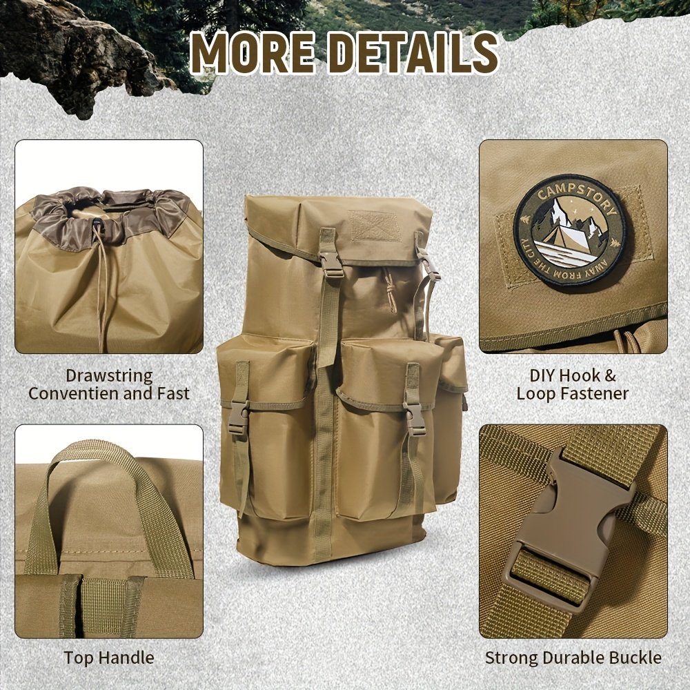 Front view of a tactical hunting saddle backpack showing three external buckle flap pockets