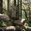 Saddle hunting backpack with woodland branch camo pattern resting on a mossy log