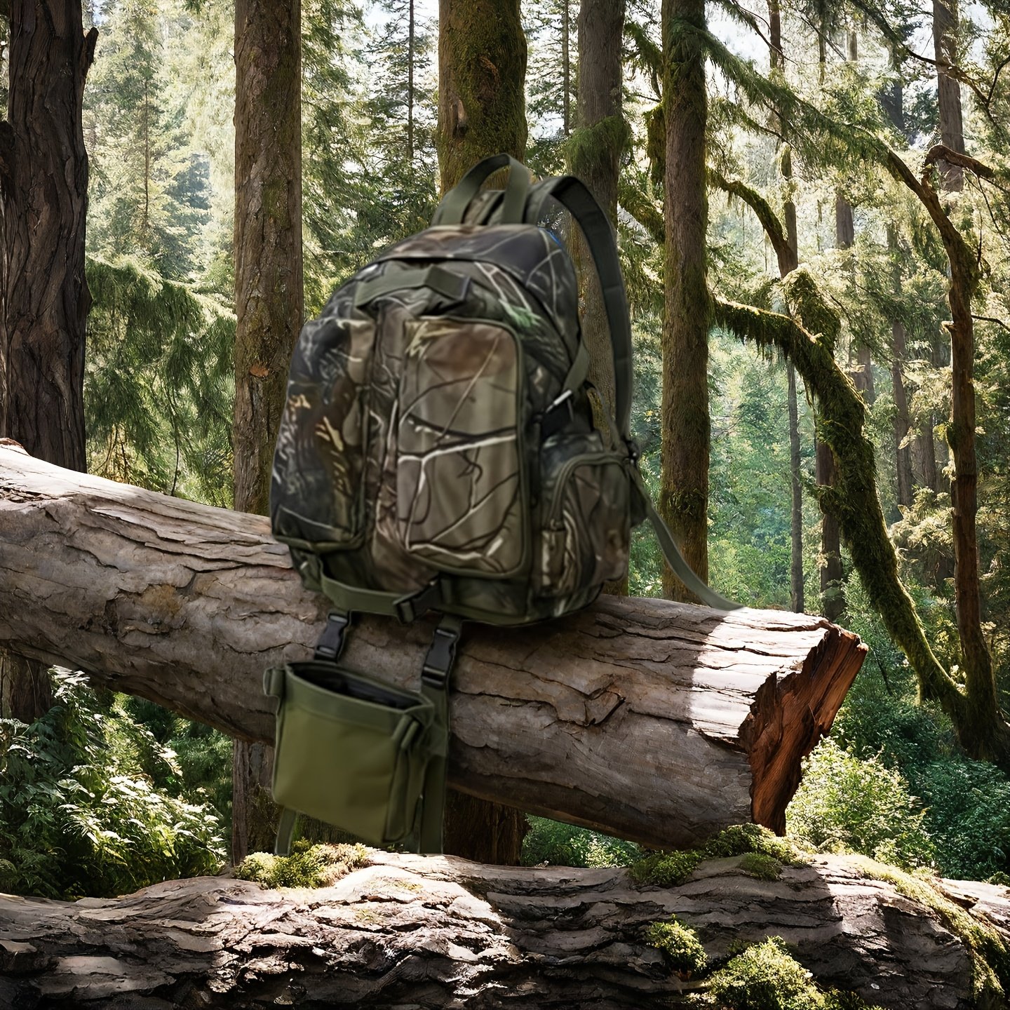 Saddle hunting backpack with woodland branch camo pattern resting on a mossy log