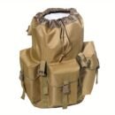 Khaki saddle hunting backpack with top-load drawstring and reinforced collar on white background