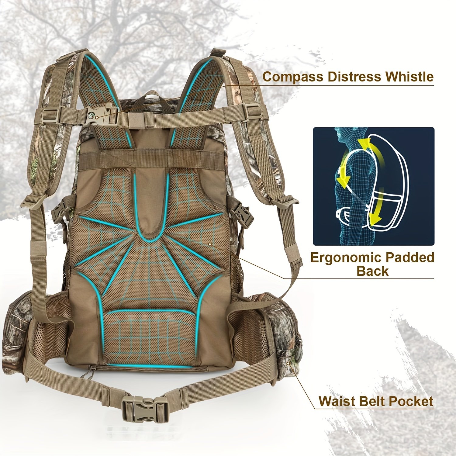 Side view of saddle hunting backpack featuring mesh side pocket and compression straps