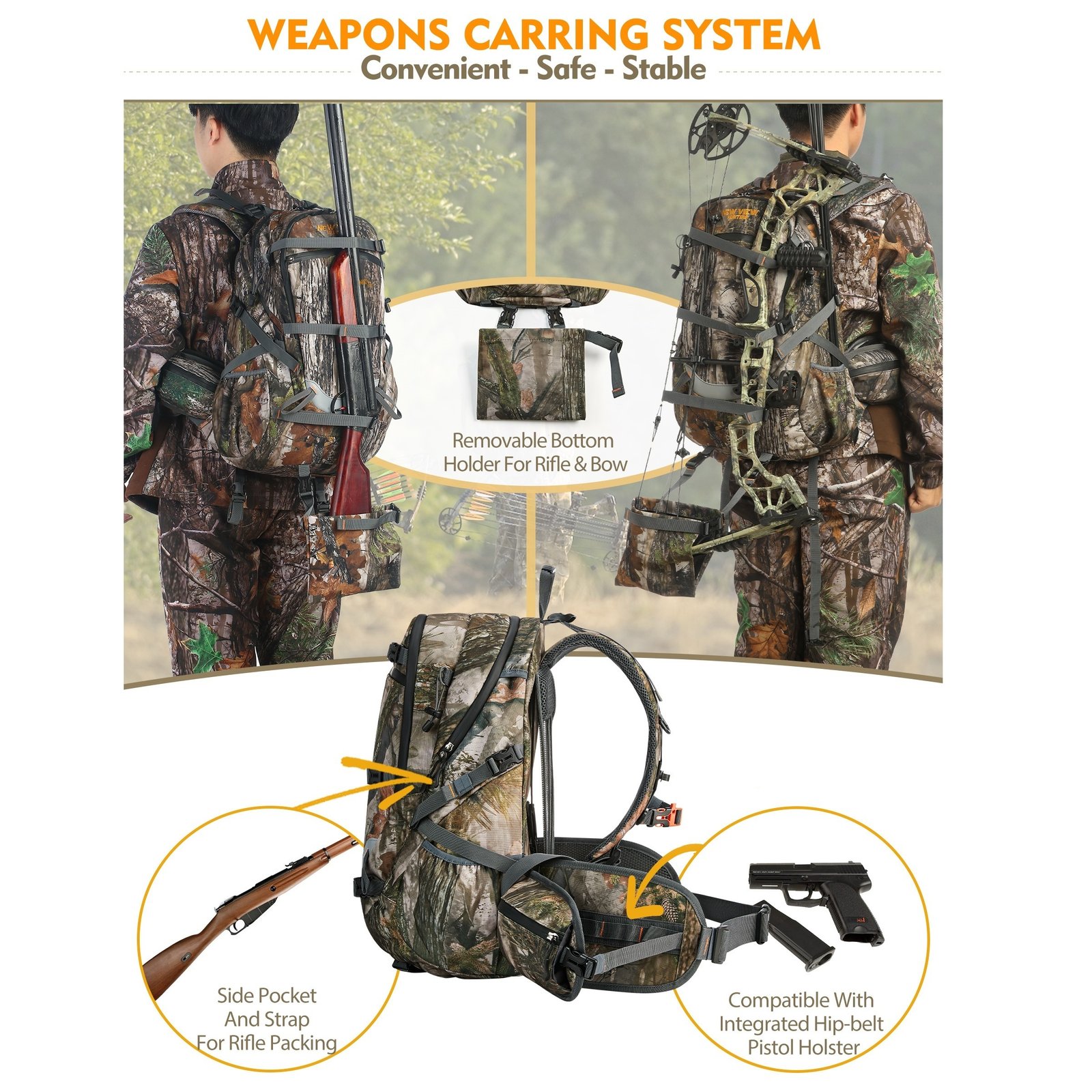 Side profile of hunting backpack with rifle holder showing tall pocket and compression straps