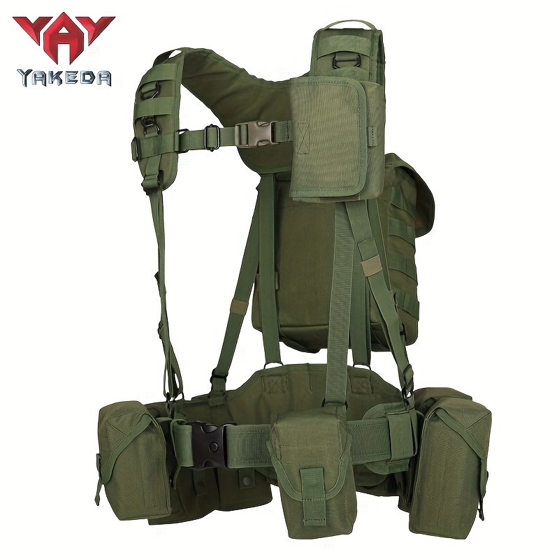 Small hunting backpacks in olive tactical vest configuration with modular battle belt side profile