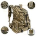 Soft-shell saddle hunting backpack in tree camo shown from the front with MOLLE webbing and front utility pockets