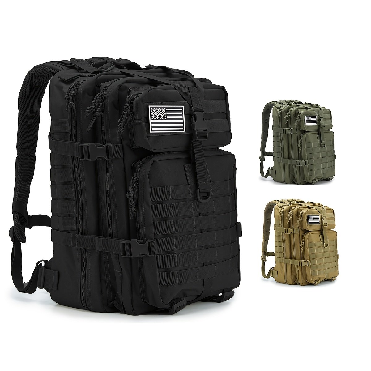 Black tactical duck hunting backpack with MOLLE webbing and three-tier compartment design shown front view