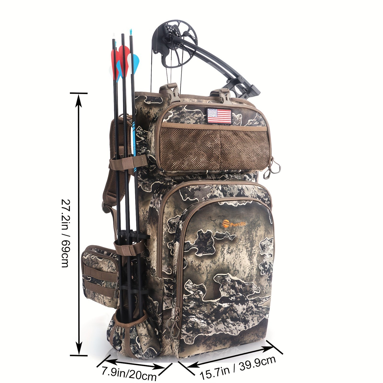Front angle showing dual zippered compartments and mesh pocket on a hunting bow backpack