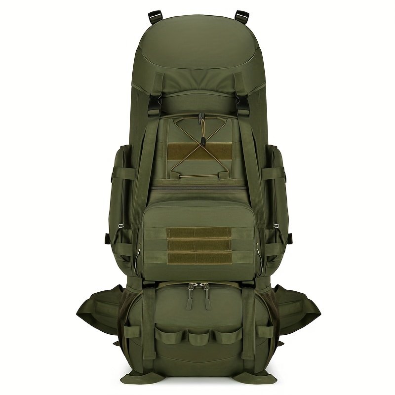 Front view of tactical hunting backpacks showing stacked zippered compartments and compression straps