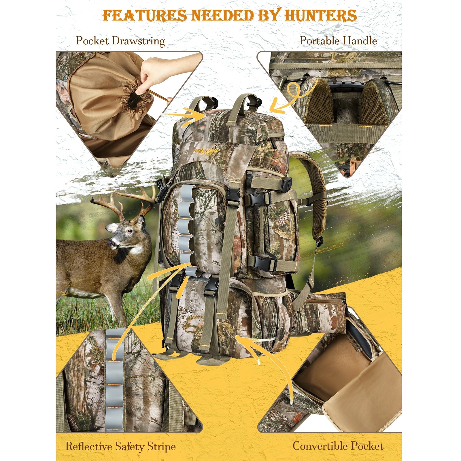 Extra-large camo hunting backpack featuring detachable hip belt and compression straps