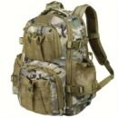 Multicam saddle hunting backpack with external mesh pockets shown from front profile
