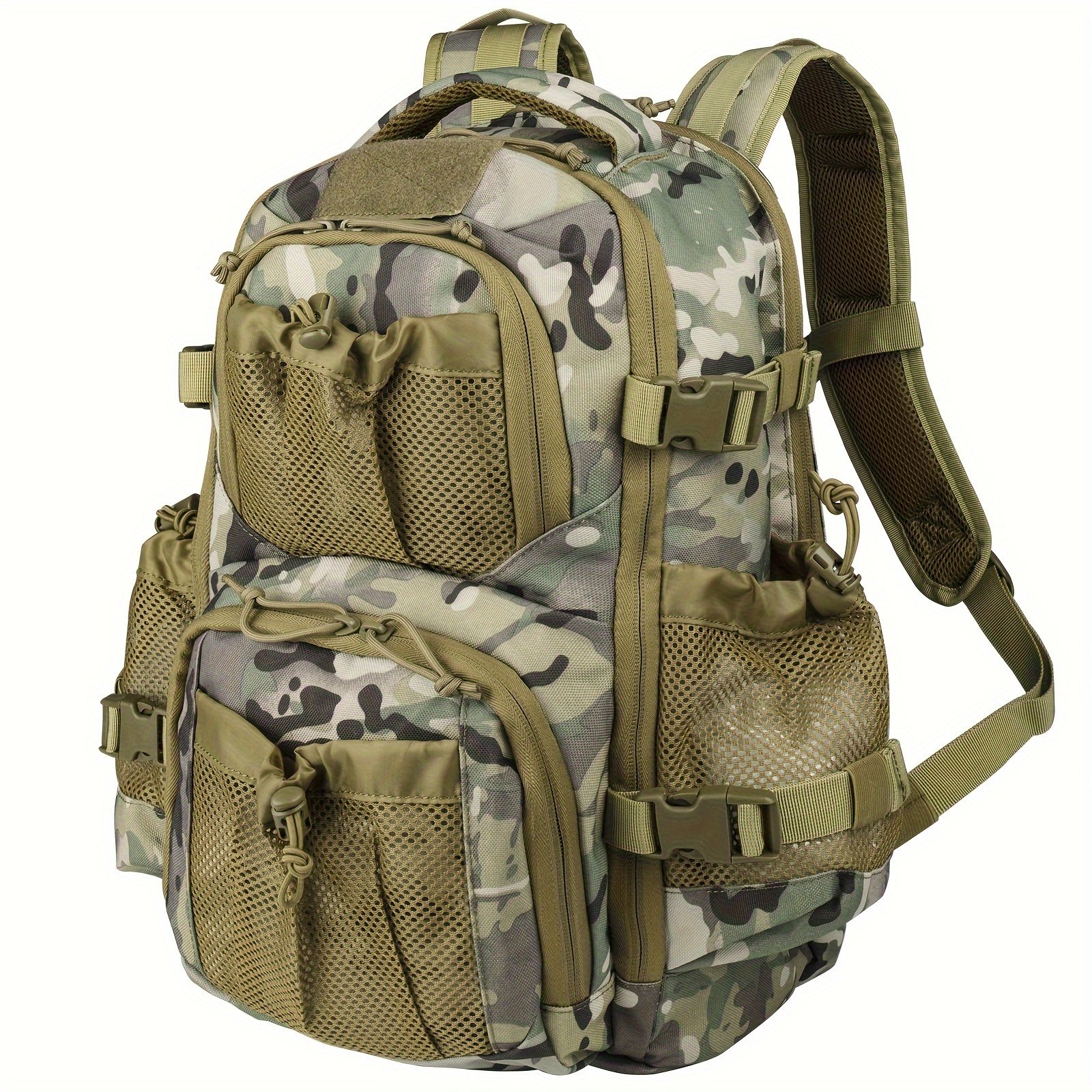 Multicam saddle hunting backpack with external mesh pockets shown from front profile